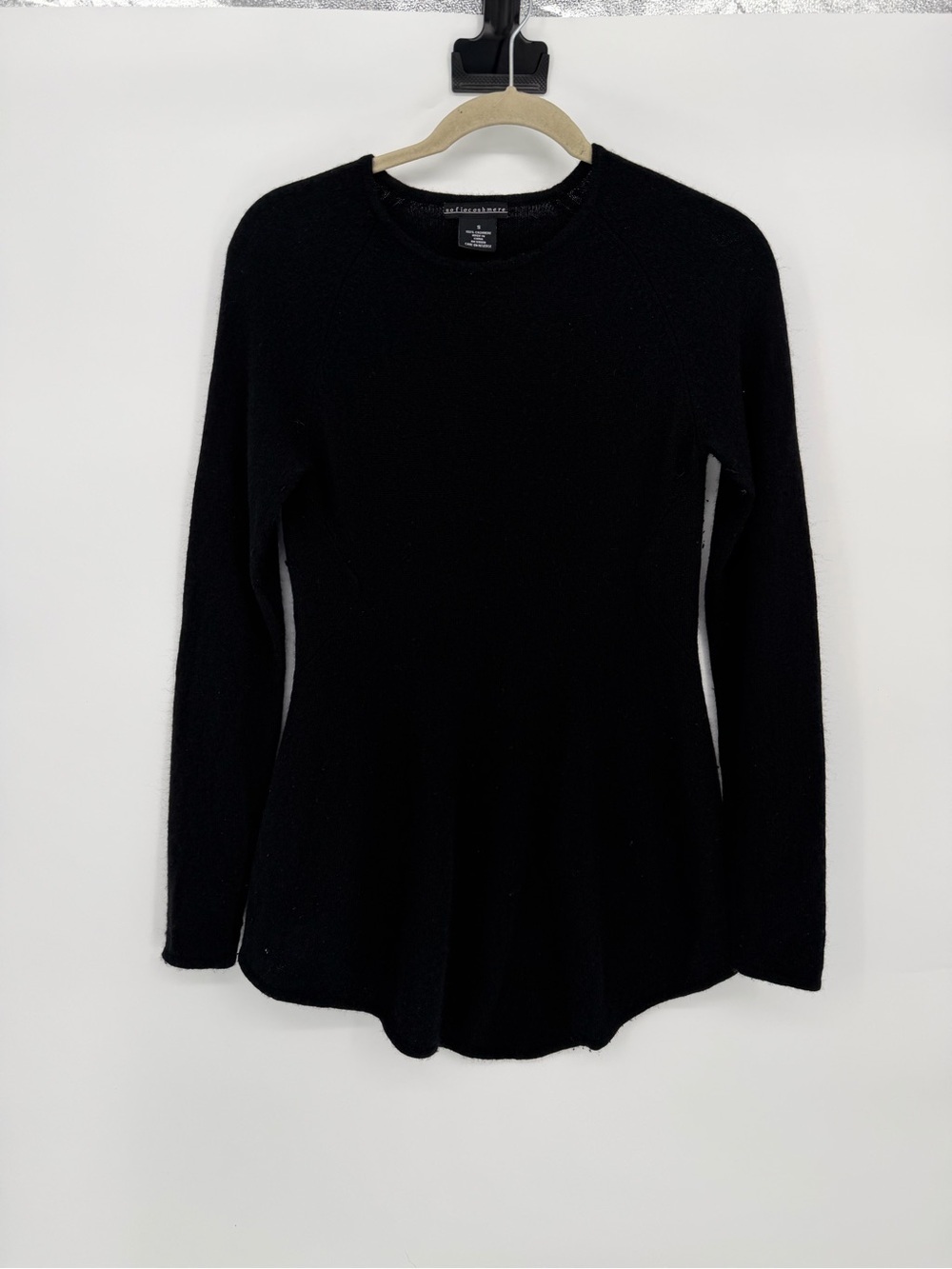Sofia Cashmere Black Crewneck Long Sleeve Top with Flared Hem